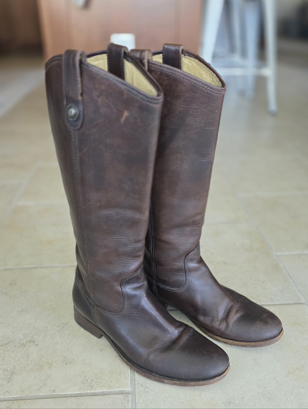 Frye Melissa Button Lug Tall Brown Leather Riding Boots